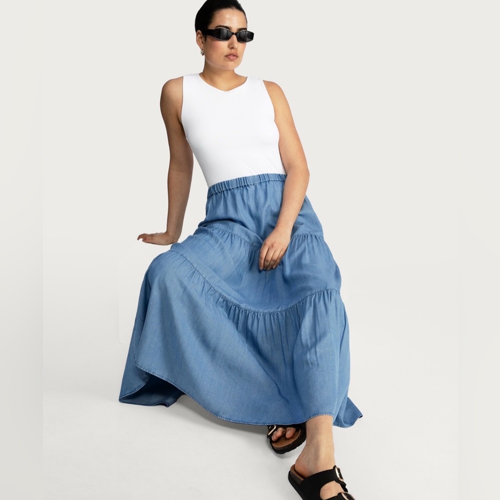 Tiered Chambray Medium Blue Midi Skirt - Picture 9 of 16